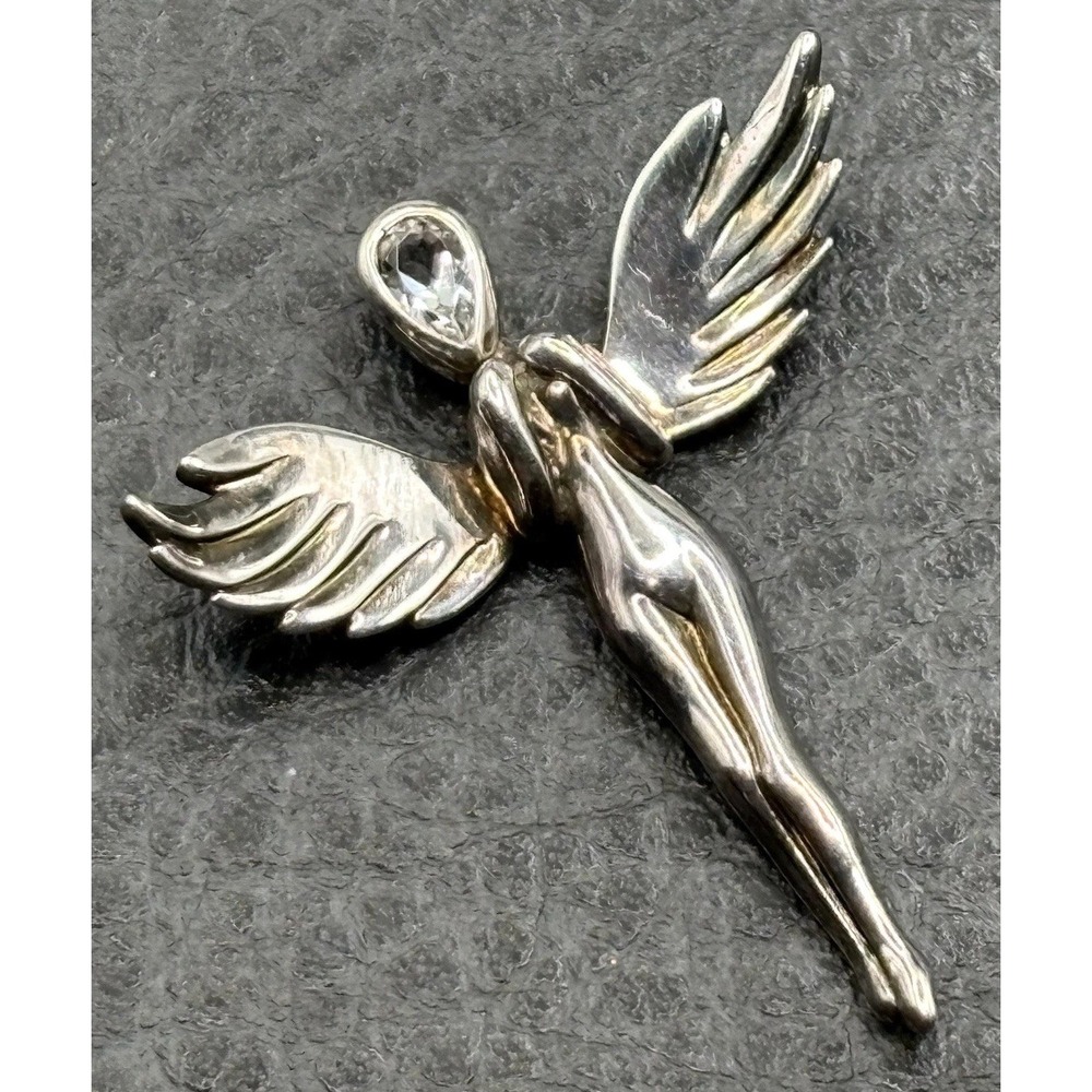 Vintage Sterling Silver 925 Angel Fairy Wings Pendant Clear Crystal Nude Figural